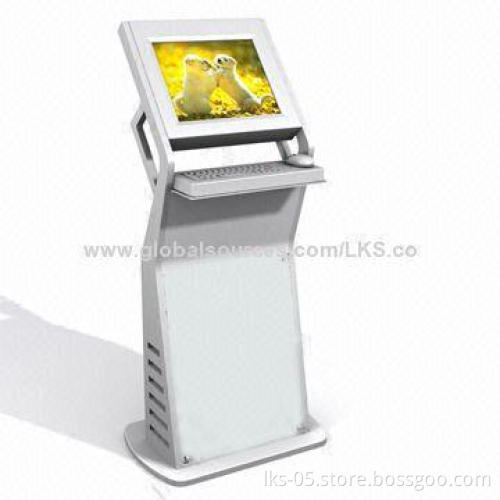 Floor standing kiosk with 17-inch touchscreen and full keyboard